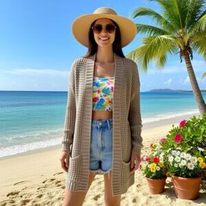 Y2K Express Women XS Beige LongSleeve OpenFront Cardigan Sweater Fishermen Knit